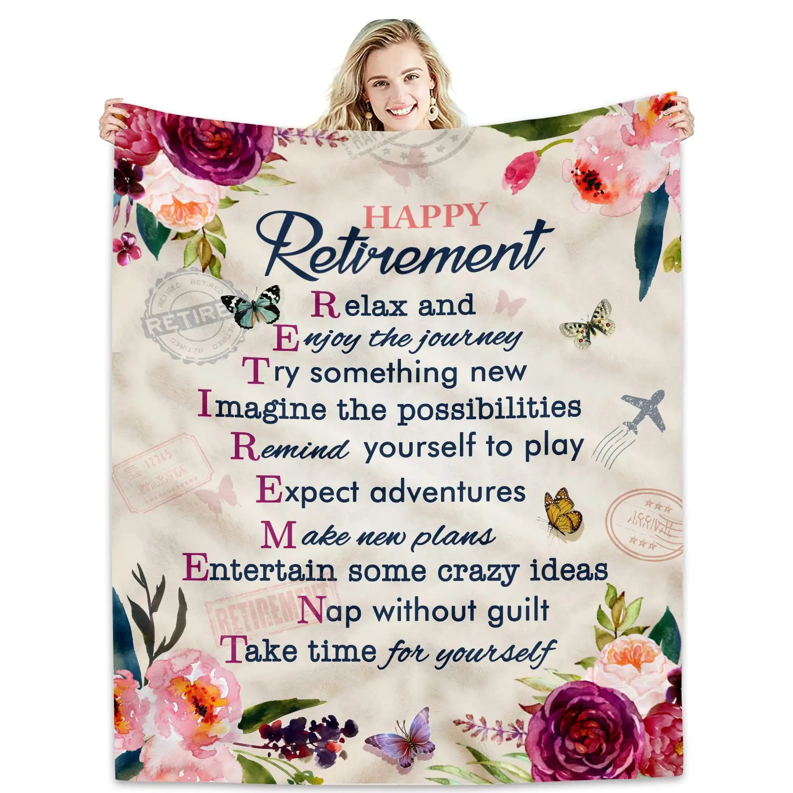 Happy Retirement Gifts for Women Men, Rose Peonies Blanket Retired Throw Blanket Flannel Blankets Retirement Gifts Soft Blankets