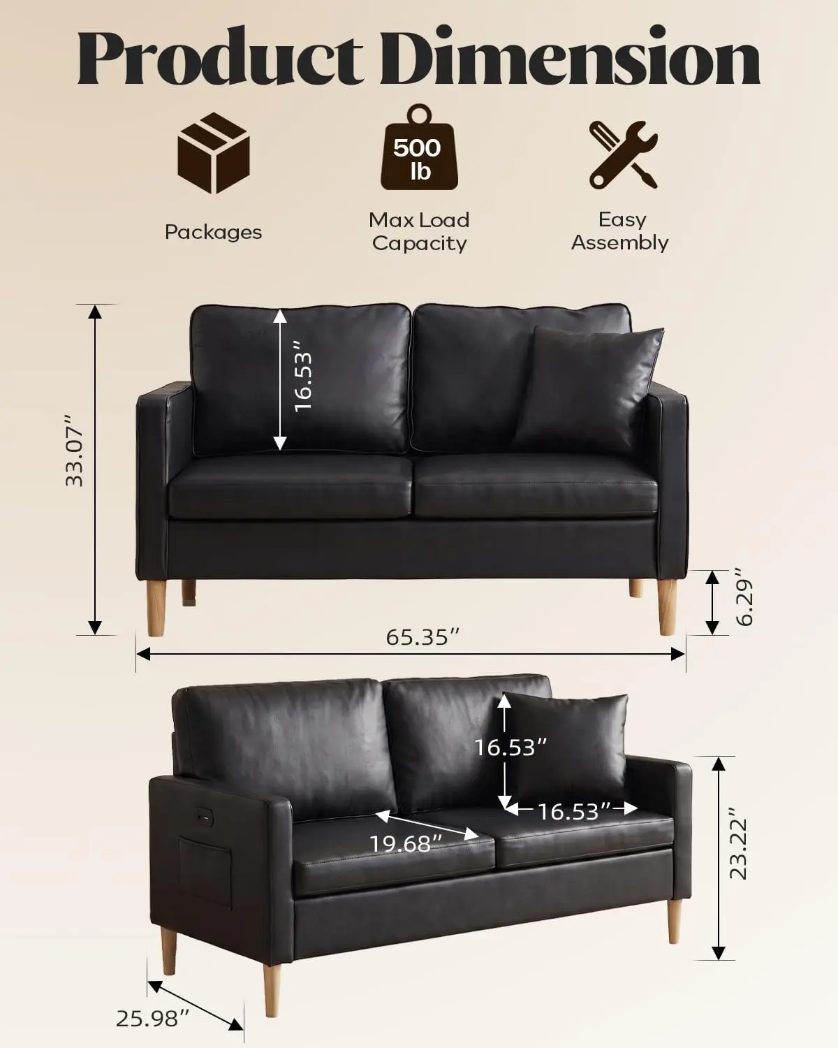 Modern Small 3-Piece Office Couch and Chair Set in Black Faux Leather
