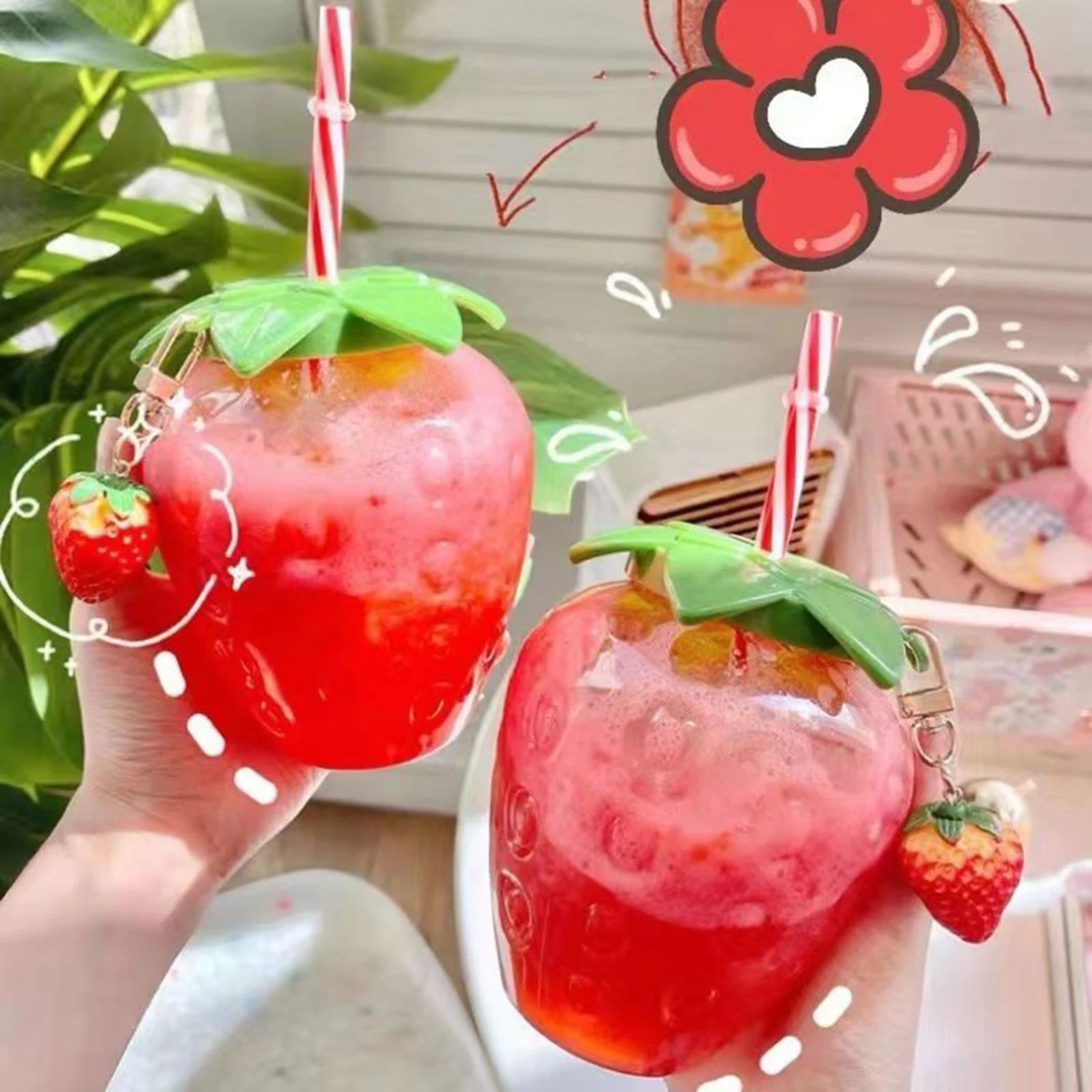 Plastic Strawberry Straw Casual Milk Tea Cup Office School Portable Water Bottle Creative Holiday Gift (Cannot Put Hot Water)