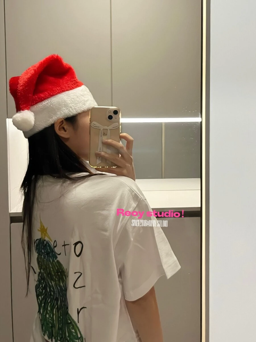 2026 New Age-reducing Cartoon Cute Hand-drawn Christmas Tree Logo Printed Versatile and Simple Short-sleeved T-shirt