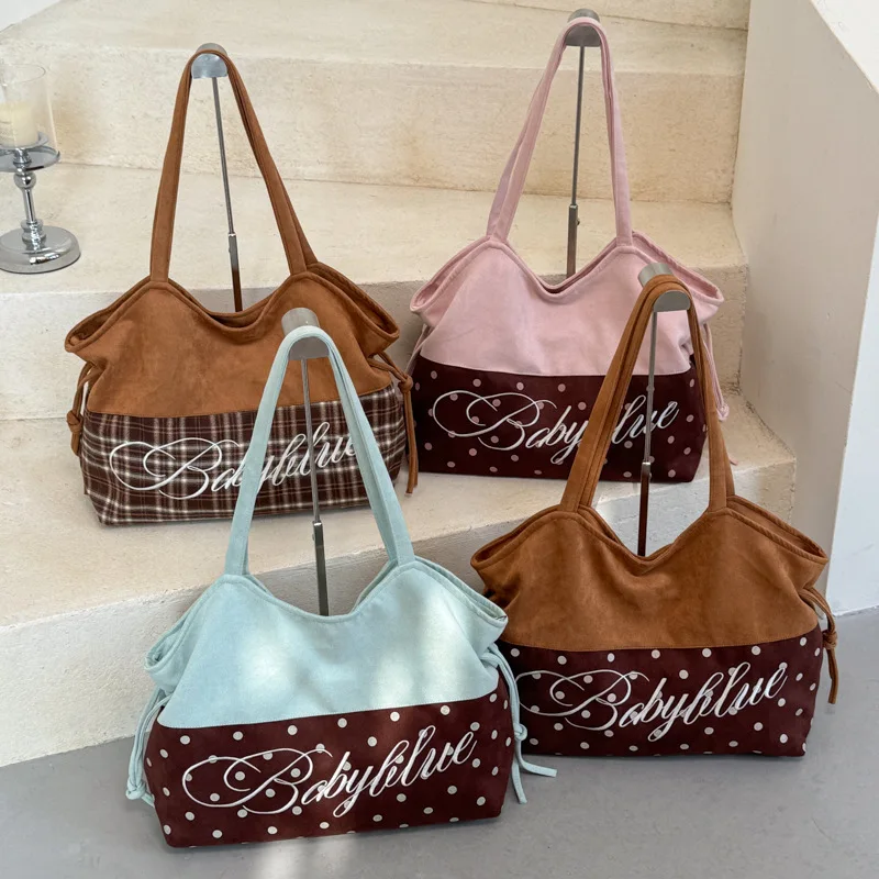 Ins Korean Color Block Patchwork Tote School Bag Polka Dot Plaid Star Drawstring Shoulder Bag Casual Shopping Travel Organizer