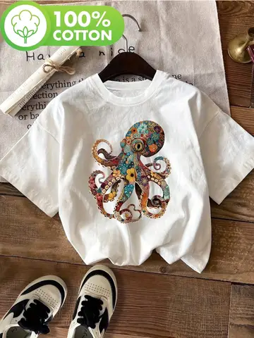 Retro Flower Octopus Print T-shirt for Women Fashionable Short Sleeved Round Neck Casual Top Pure Cotton Harajuku Shirt