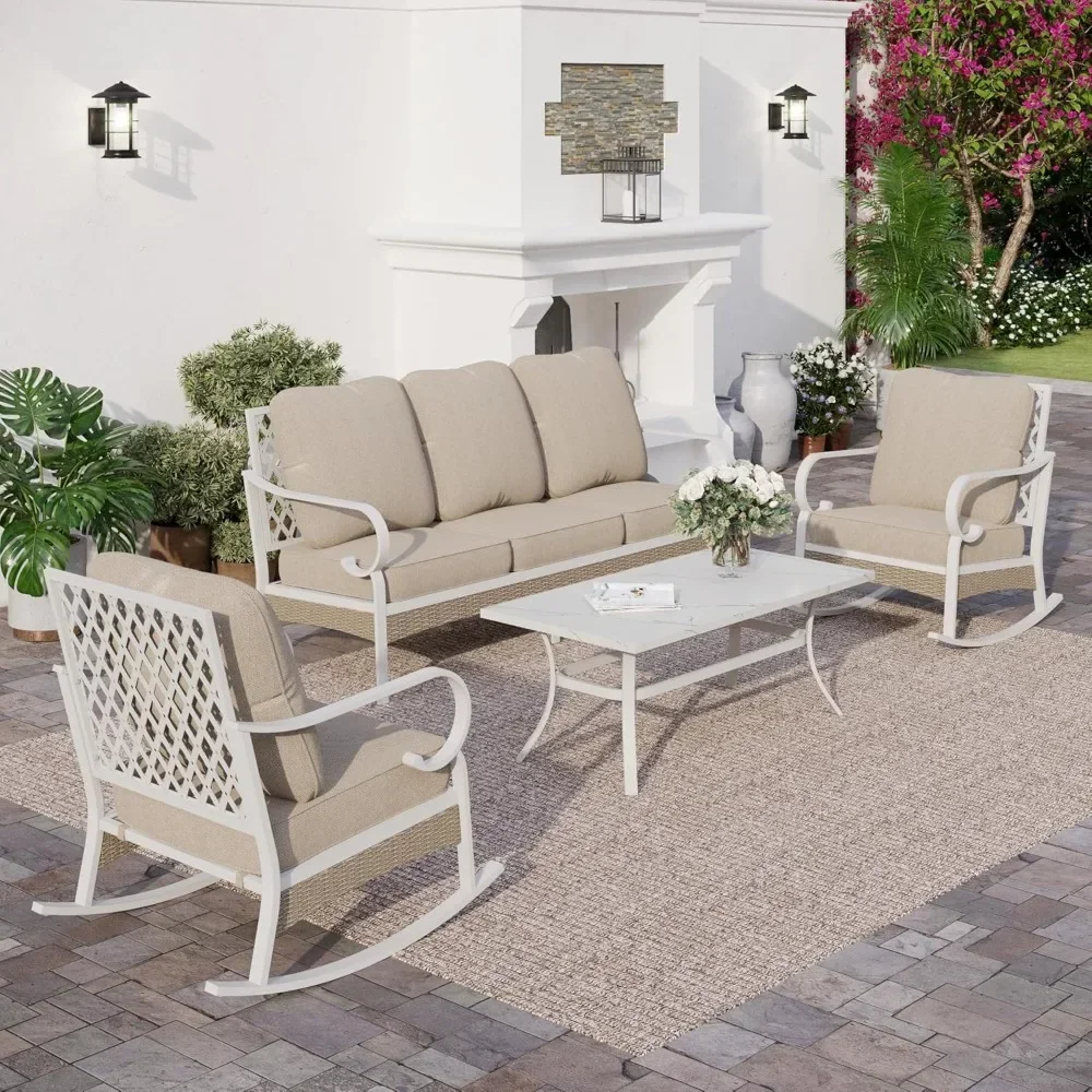 4 PCS Metal Outdoor Patio Furniture Set, Patio Conversation Set 1 3-seater Sofa, 2 Rocking Chairs with 5.75