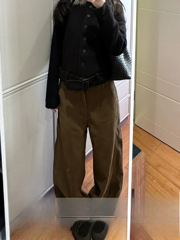 

Американские винтажные широкие джинсы с высокой талией, женские осенне-зимние новые прямые длинные брюки-трубы, утягивающие кофе...