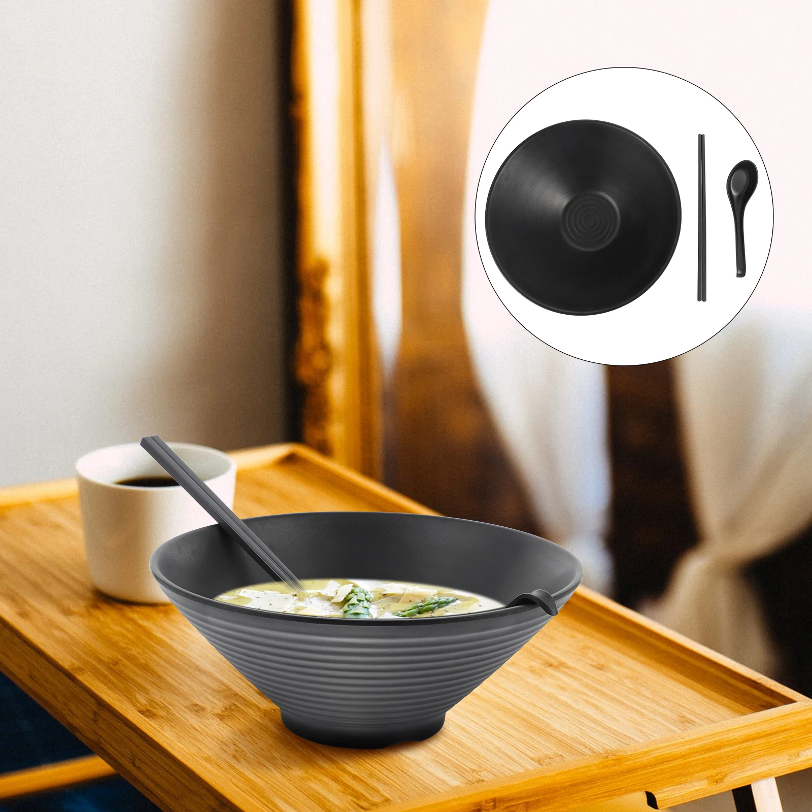 

1 set Melamine Soup Bowl Ramen Noodle Set Black Japanese Spoon Chopsticks Thick Easy Clean Tableware Dinnerware Gift