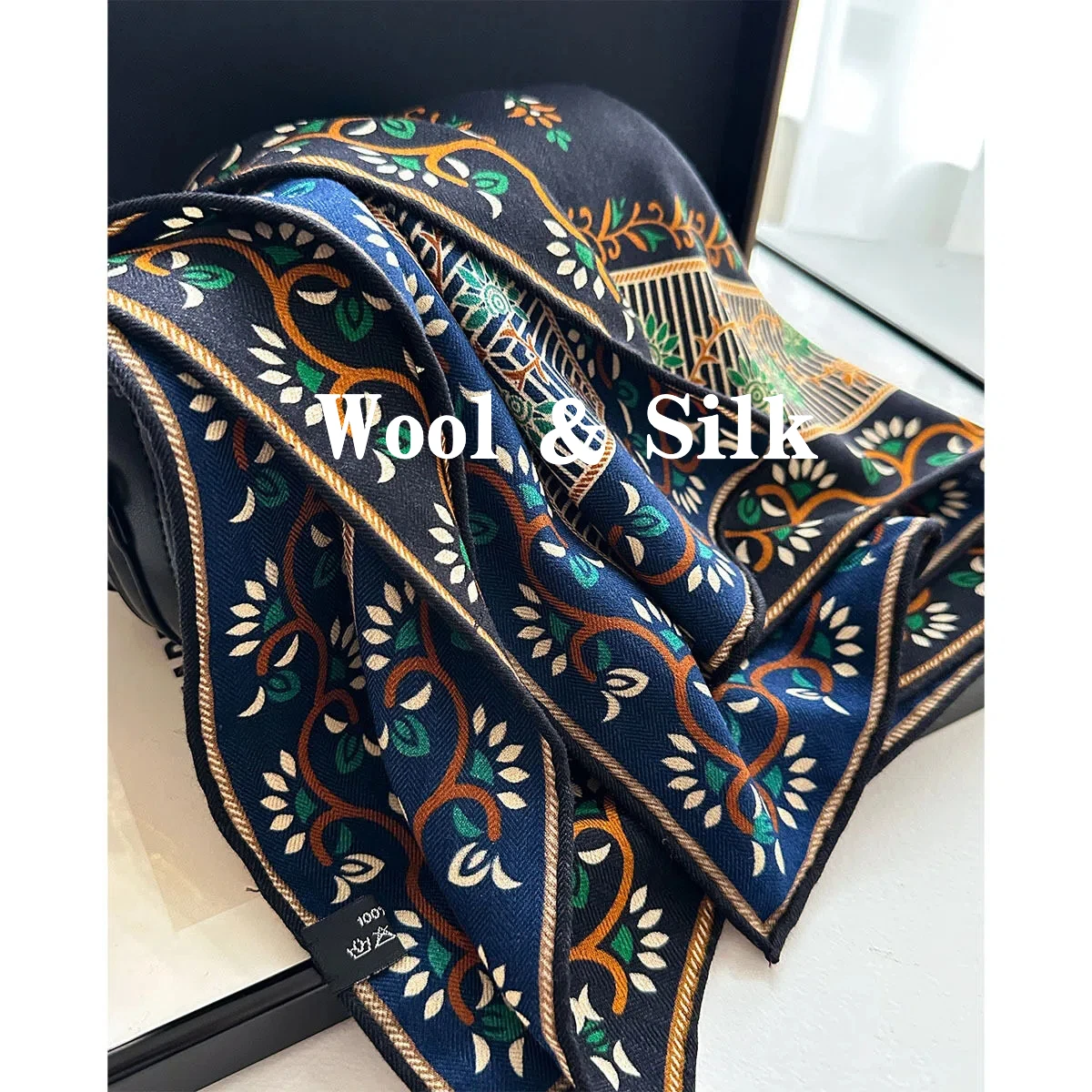 

18% Silk 82% Wool Winter Scarf for Women Luxury Brand Woman Scarf Vintage Blue Print Neck Warmer Elegant Women Shawl