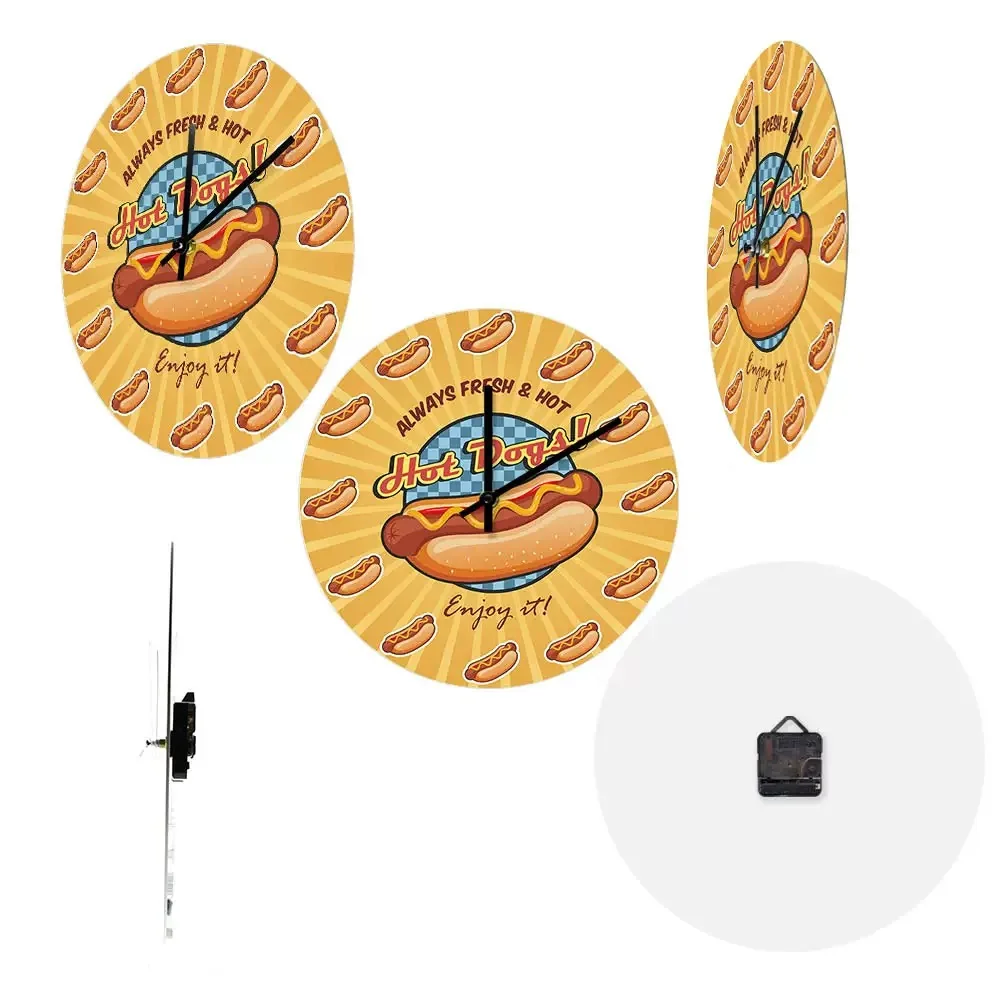 Vintage Hot Dog Wall Clock Silent Quartz Watch Fast Food Diner Kitchen Decor Ideal Gift for Food Lovers Restaurant Cafe Bakery