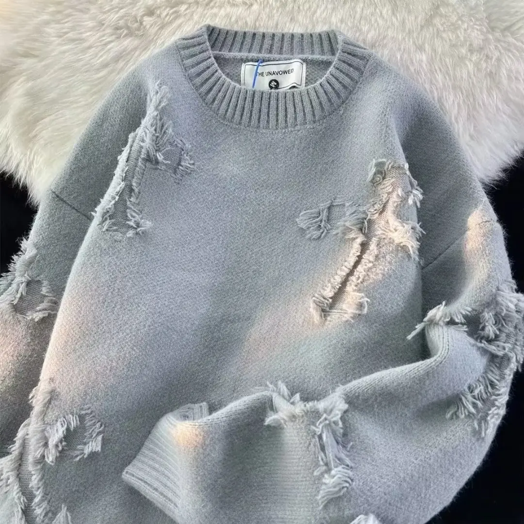 

Men's Distressed Frayed Knit Sweater, Crew Neck Loose Pullover, Casual Streetwear Long Sleeve Jumper for Autumn Winter