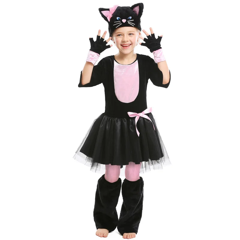 

Halloween role-playing costumes,animal character dress-up costumescosplay black and pink cat bow children's performance costumes