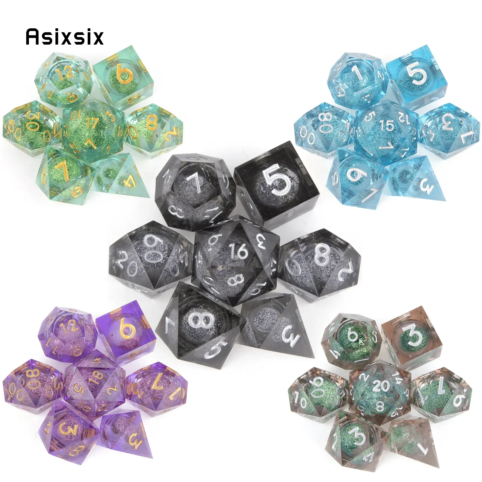 

7 Pcs All Kinds Of Color Flowing Sand Golden Number Sharp Edge Dice Polyhedral Dice Suitable For RPG Gift