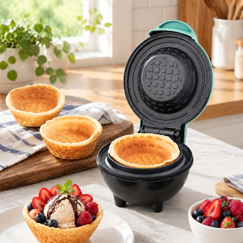 Portable Home Waffle Bowl Maker with Dual Voltage 110V/220V, Perfect for Breakfast Treats, Egg Rolls, Tarts, and Ice Cream