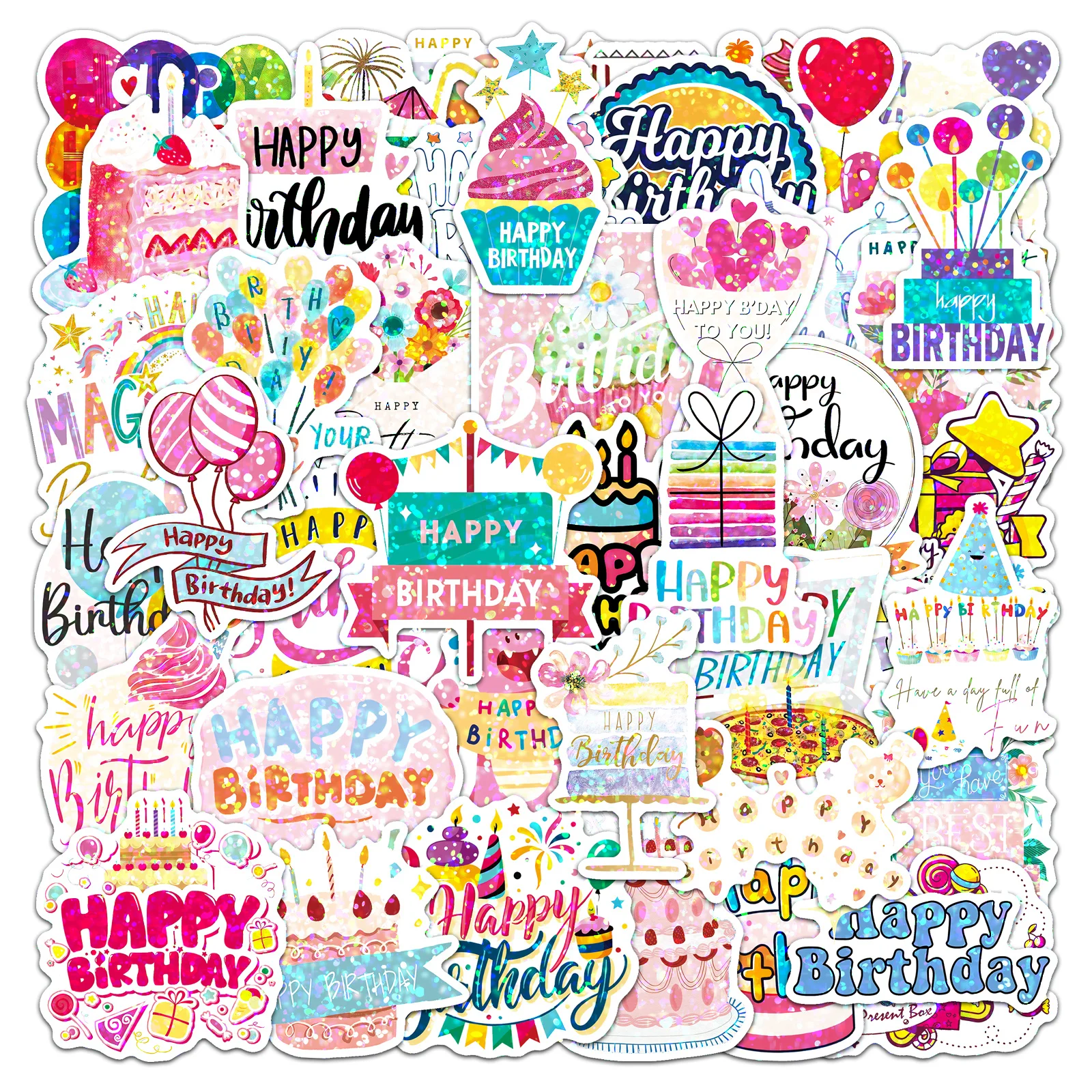 50Pcs Cute Cartoon Happy Birthday Laser Waterproof Sticker Skateboarding Retro Home Decal Sticker