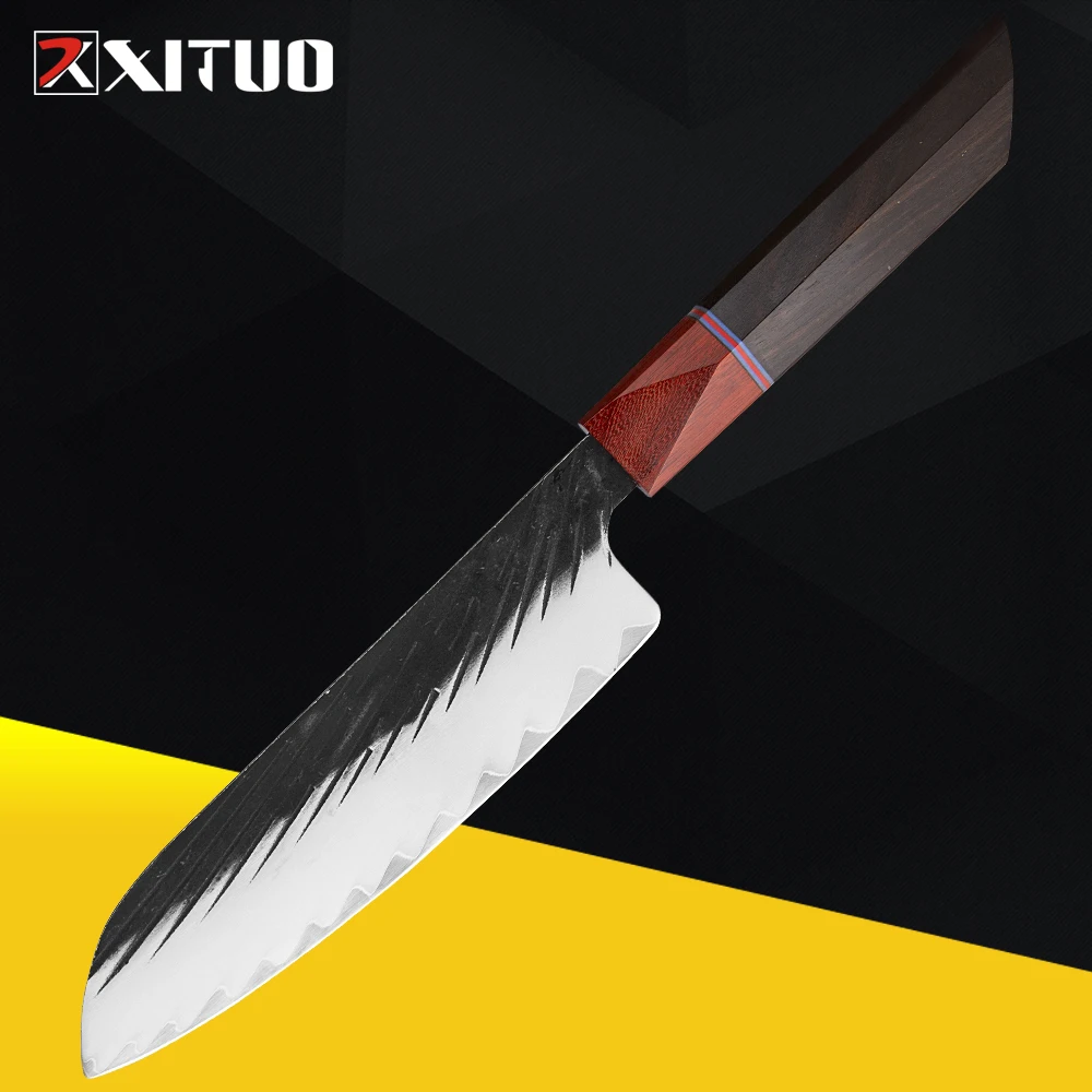 XITUO 7 Inch Santoku Knife Japanese Handmade Knife Three-layer clad steel Black Sandalwood Handle Kitchen Chef Knife Ultra-sharp