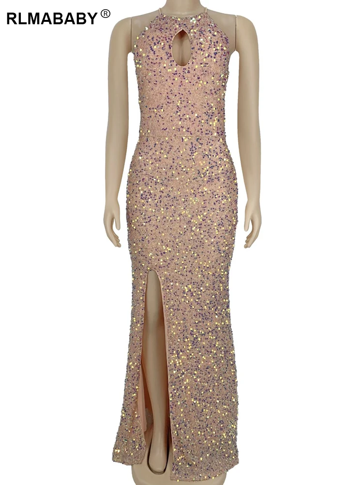 RLMABABY Summer Elegant Women Sequin High Split Maxi Bodycon Dress Sexy Sleeveless Backless Cut Out Party Pink Long Dress