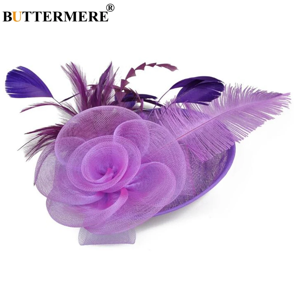 BUTTERMERE Women Party Hat Coffee Fedoras Ladies Feather Elegant Cap Flower Mesh Bride Hat Dance Fashion Wedding Hats White Blue