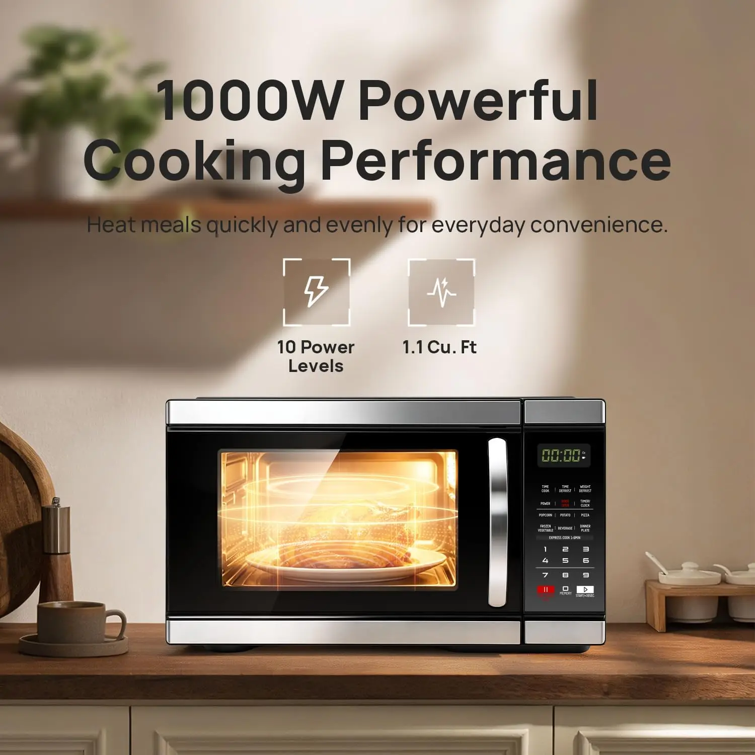 1000W Countertop Microwave Oven, 1.1 Cu Ft Compact Digital Microwave in Black, 6 Auto Cook Programs, Eco Mode, Child Lock, 10 Po
