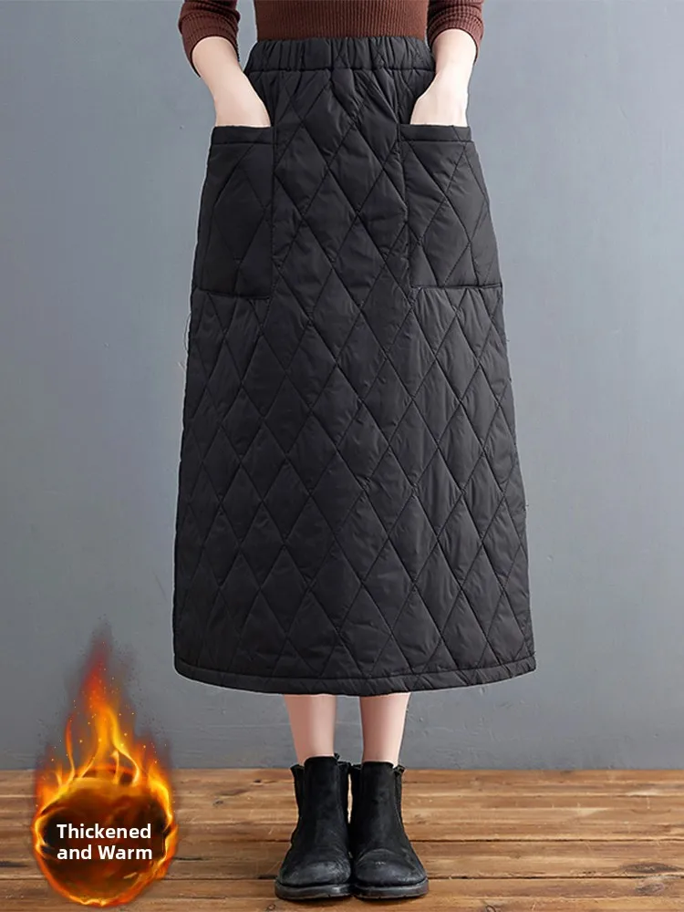 

Thiened Cotton Plaid High Waist A-Line Midi Skirt Women's Winter Warm f-length Skirts Sli Commute Artistic Design