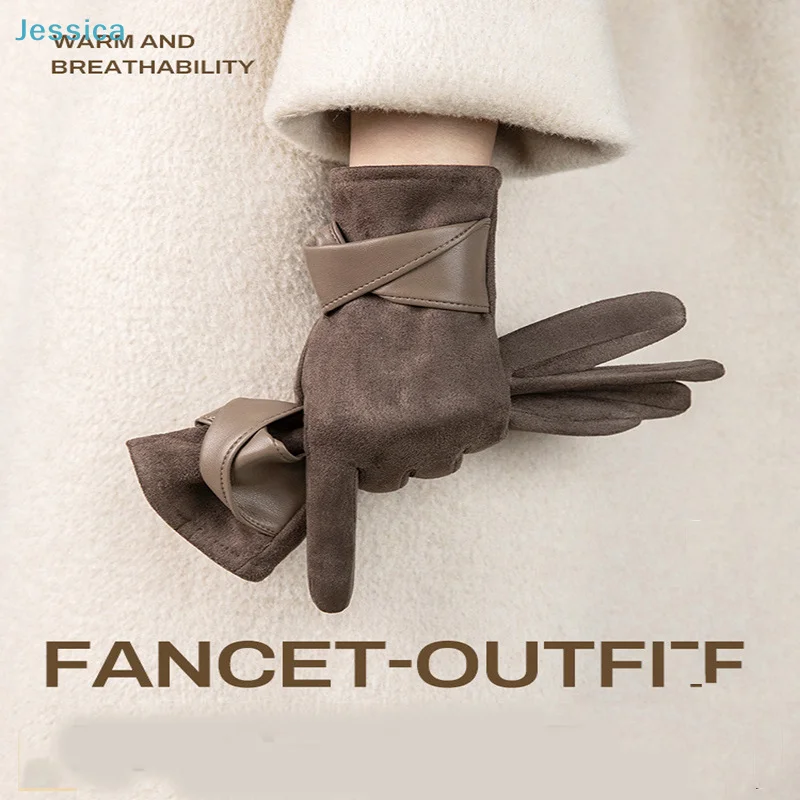 

♥ Женские замшевые зимние перчатки — теплые дышащие перчатки с сенсорным экраном и кожаным акцентом, модные перчатки из искусственной замши