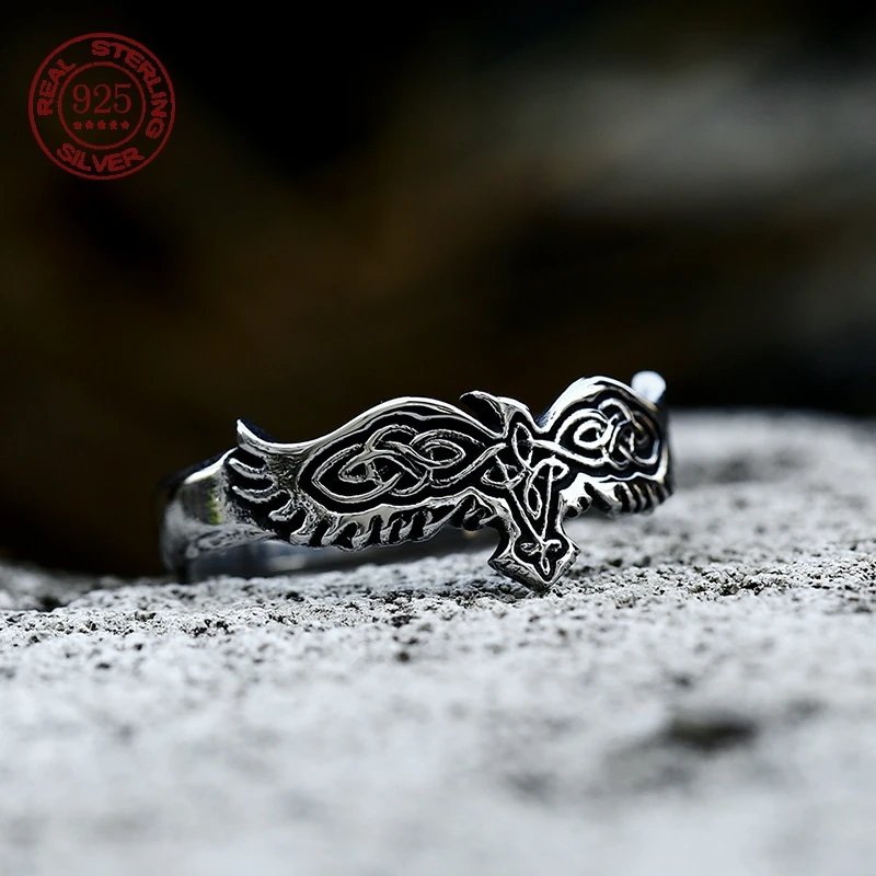

Simple Vintage Nordic Viking Crow Ring For Men Women Punk S925 Sterling Silver Viking Fashion Celtic Knot Ring Amulet Jewelry
