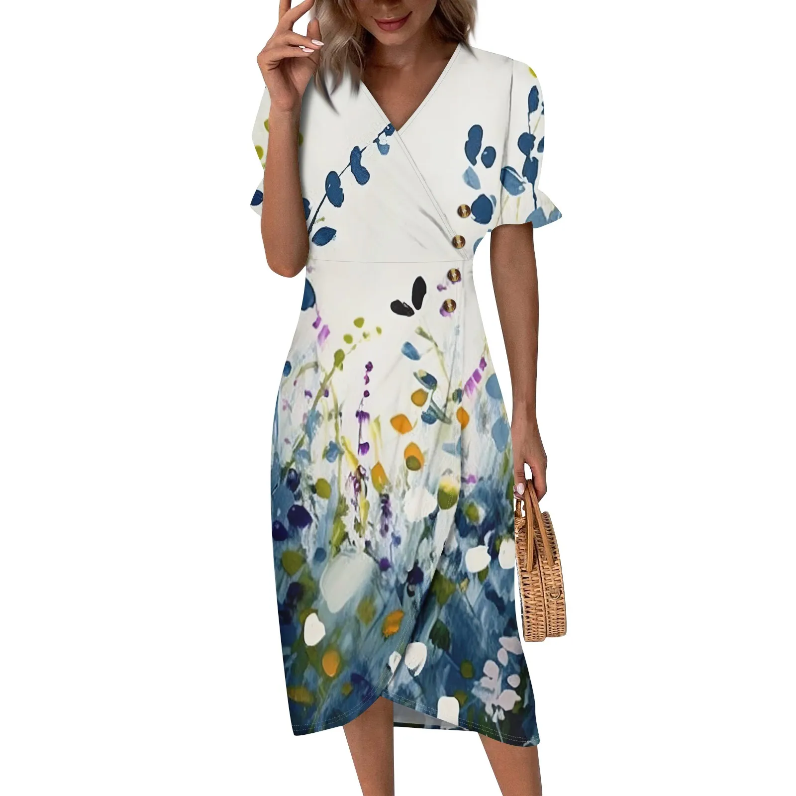 Strandkleider für Frauen, Frühling und Sommer, elegantes Wickelkleid mit V-Ausschnitt, Boho-Kleid, fließendes, gerüschtes hawaiianisches Maxikleid, Vestidos De Gradua EttN