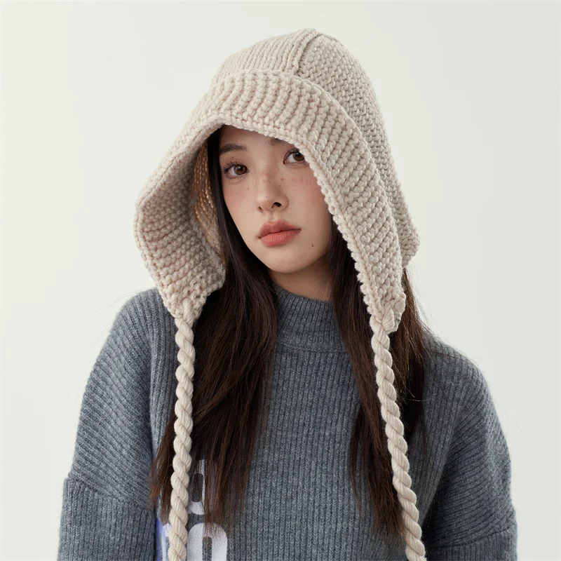 2022 Red Bomber Hat Winter Warm Cute Fried Dough Twist Braid Ear Protection Knit Cap Korean Fashion Ski Women\'s Caps Gorros