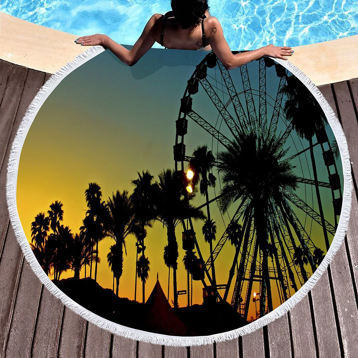 Romantic Ferris Wheel Round Beach Towel,Microfiber Soft Circle Beach Blanket Quick Dry Sand Free Round Tapestry with Tassels