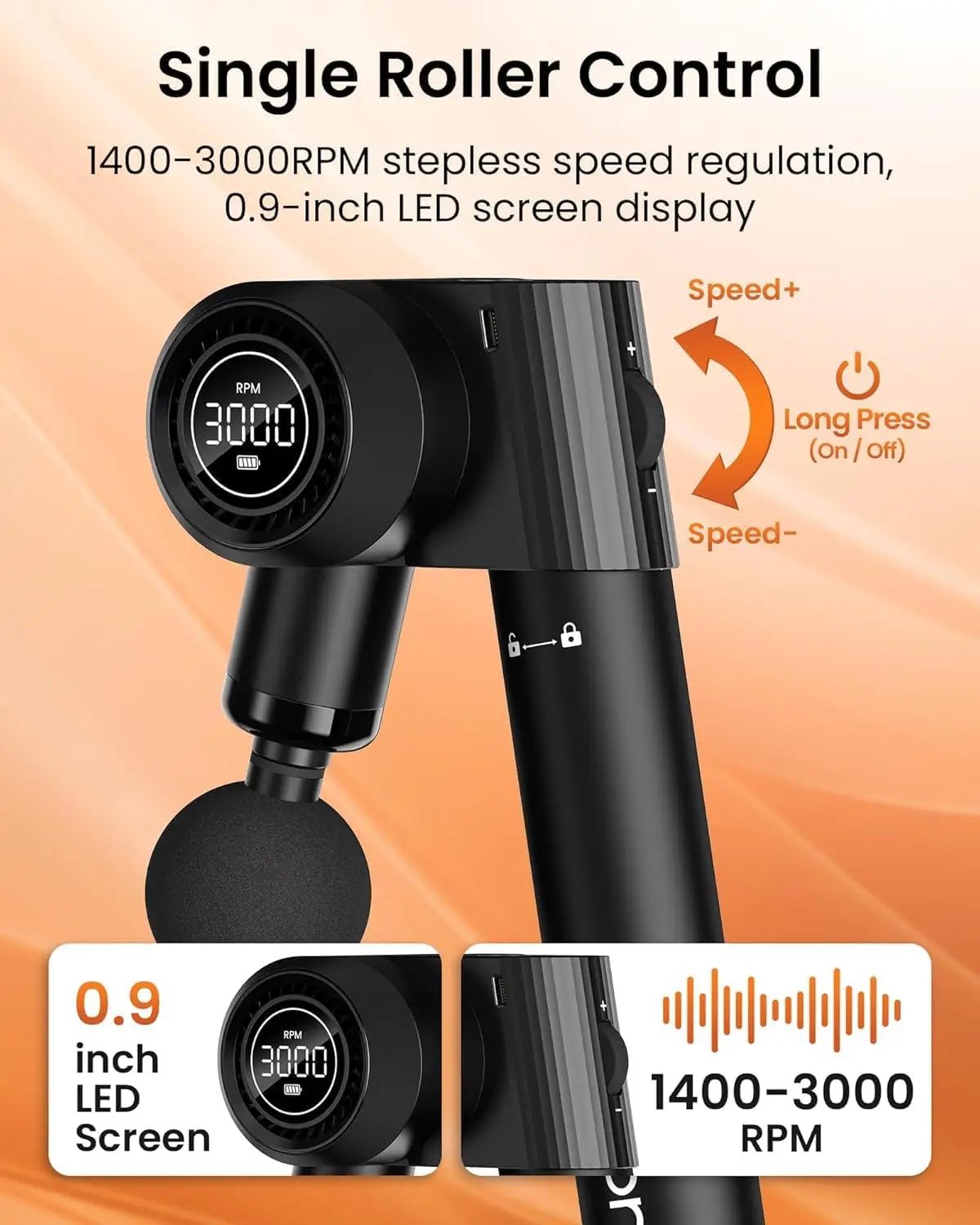 Pistola de masaje plegable de 32 velocidades con 5 ángulos, masajeador de percusión portátil para aliviar el dolor de espalda/cuello/cuerpo, mango largo de Metal, coche