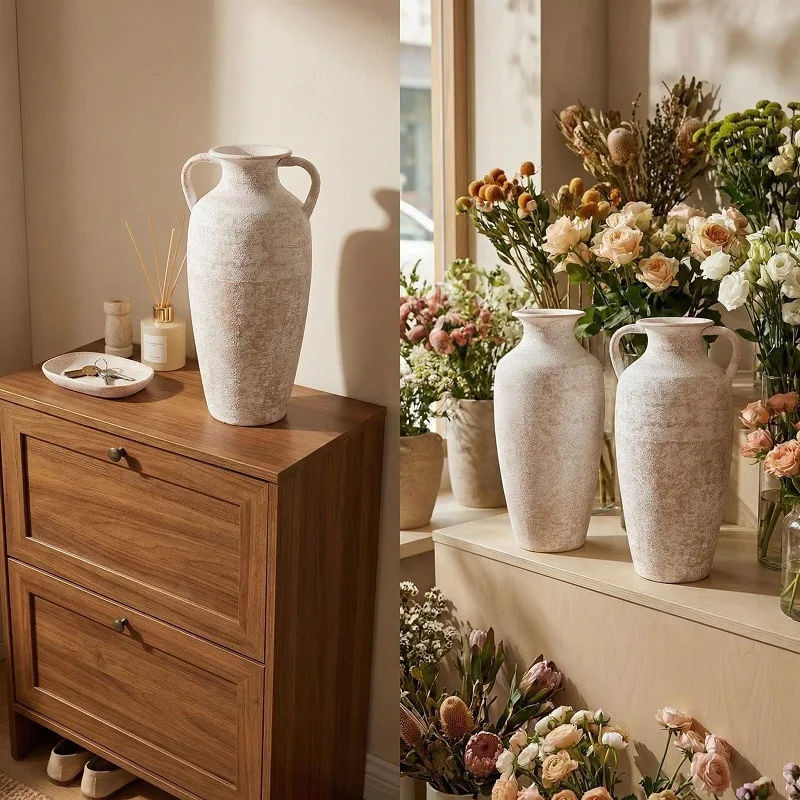 French rural imitation coarse pottery metal vase high-end sense retro pottery flower ware home living room desktop dried flower
