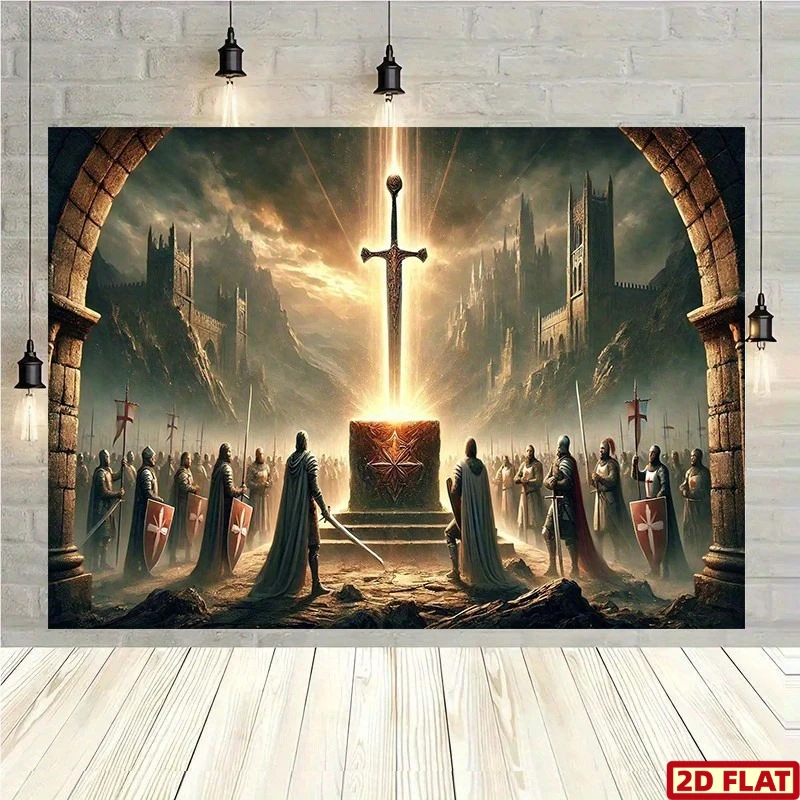 2D Flat, 1pc Large Medieval Crusader Holy Sword Banner  Knight Castle Wall Tapestry with Sword of Power & Shiel