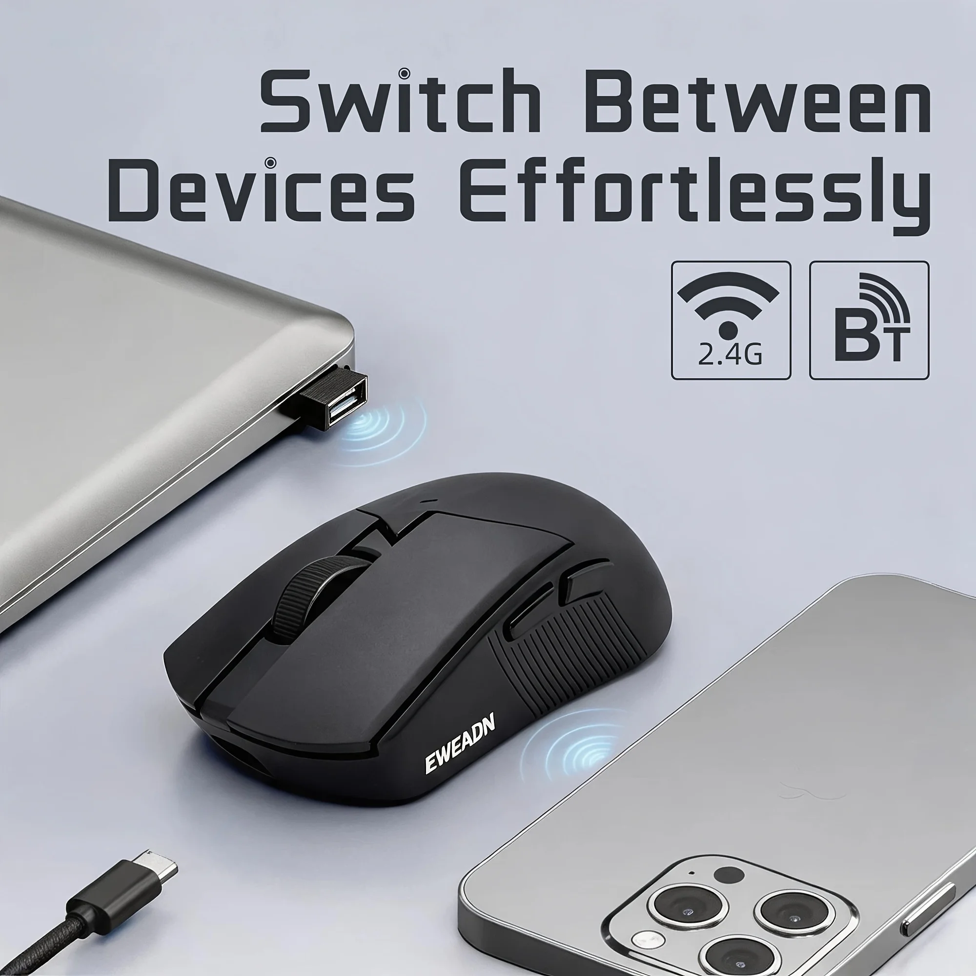 Wireless Mouse 2.4G+Bluetooth Dual Mode 12800 DPI Rechargeable Gaming Mouse 1000Hz Polling Rate Lightweight 61g Ergonomic Mice for Laptop PC Tablet