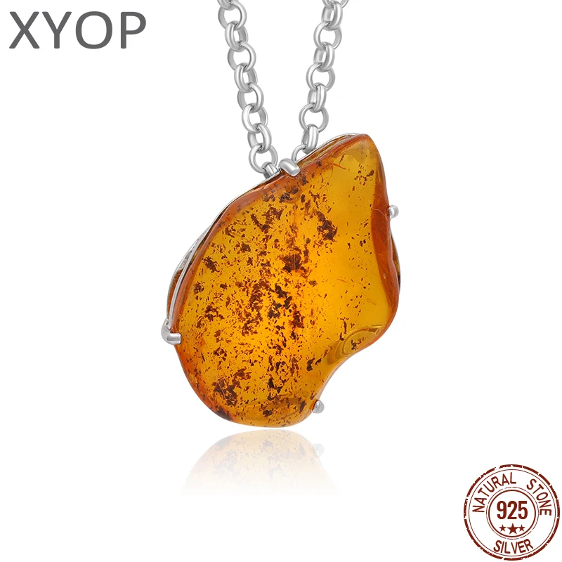 XYOP Natural Red Yellow Resin Amber 925 Sterling Silver Pendant Necklace One of a Kind, Just One！