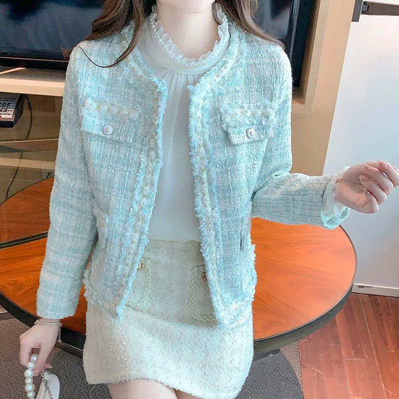 Rimcoy Korean Sweet Tweed Jacket for Women Fashion Pearls Decor Round Neck Dress Coats Woman Long Sleeve Chic Jackets Female