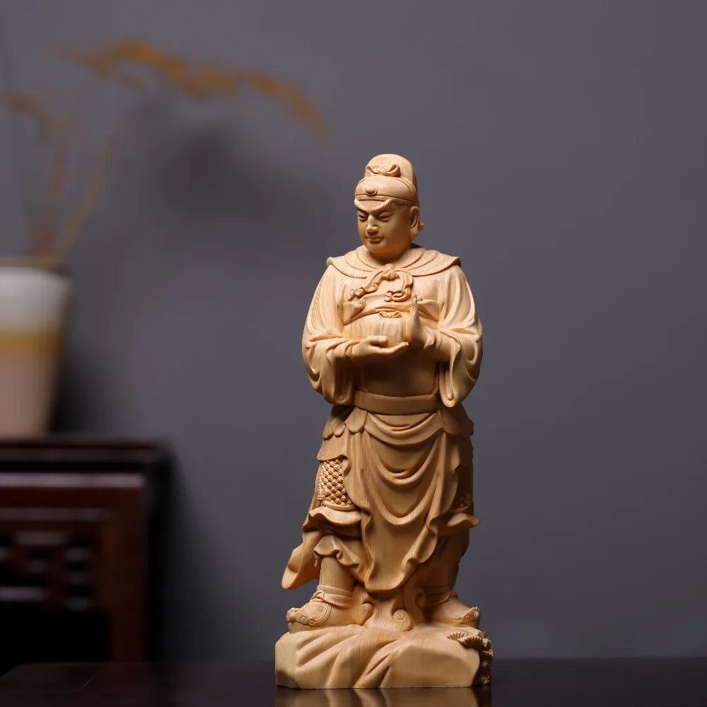 Zhou Cang Guan Ping Hand-Carved Hinoki Wood Chinese Guardian Figurines Solid Wood Taoist Deity Sculptures for Home Decoration