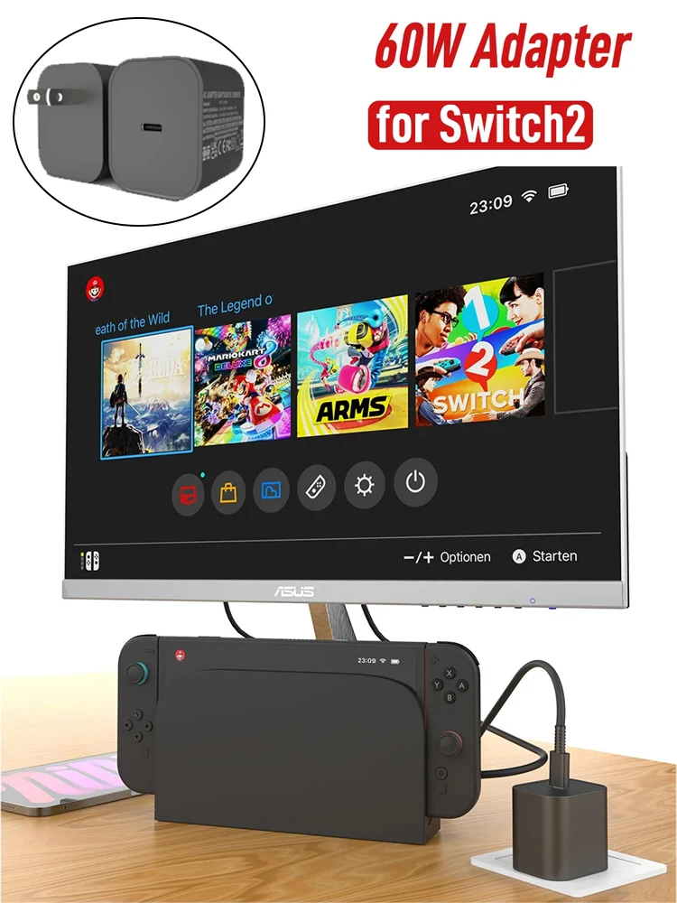 Adaptateur secteur 60W pour Nintendo Switch 2, chargeur rapide de Type C, Support d'alimentation, Mode TV, chargeur mural pour Switch 2, accessoires