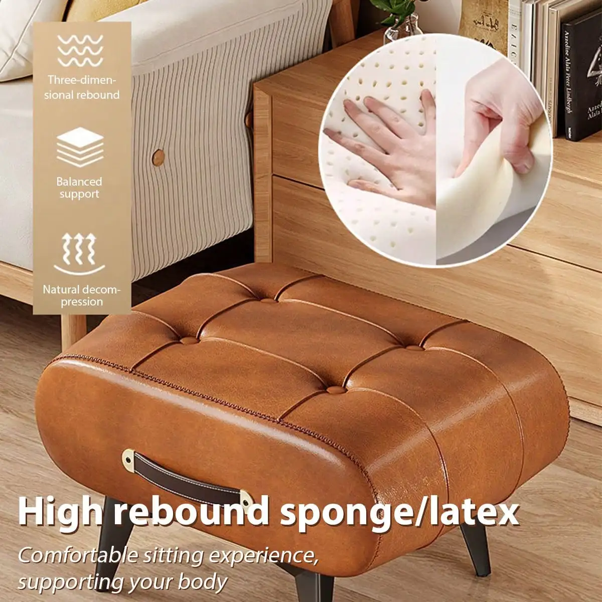1PC Retro Style Artificial Leather Creative Footstool, Shoe Changing Stool, Essential Small Stool For Home, Foyer Small Chair Wooden Frame, Upholstered Interior, Multi-Use Footrest For Living Room, Entryway, Office