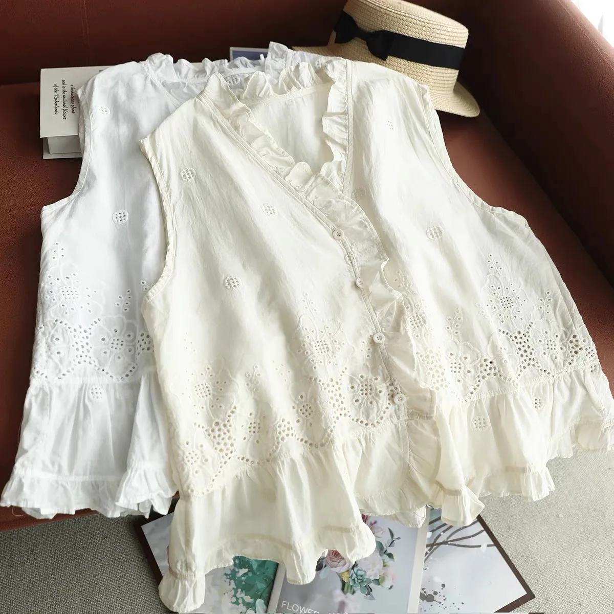 Women Sleeveless Vest Top Ruffle V Neck Blouse Hollow Eyelet Embroidery Lace Ruffle Hem Cottagecore Cotton Summer Tank Shirts