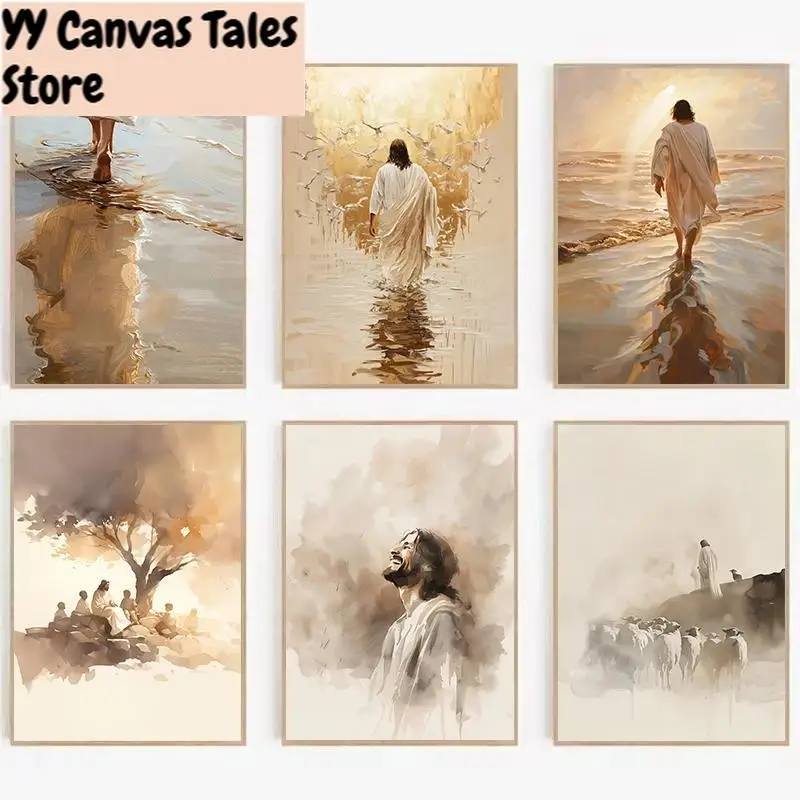 1pc frameless Canvas Painting Modern Nordic Canvas Painting Jesus Christ Walking on Water  Christian Wall Art Decor for Home