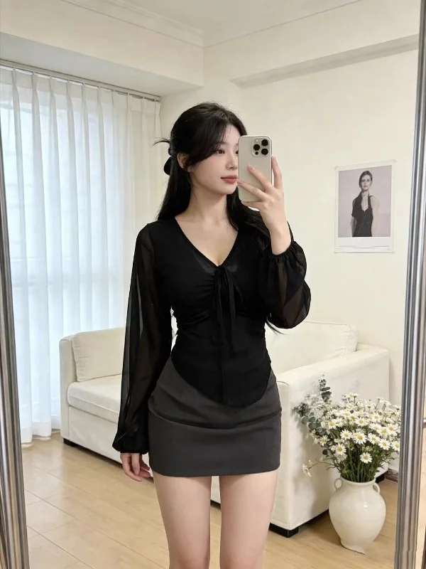 

Женская летняя блузка из шифона больших размеров с кружевной завязкой и драпировкой, новый стиль, с эффектом утончения талии, универсальный элегантный топ для подростков и взрослых женщин