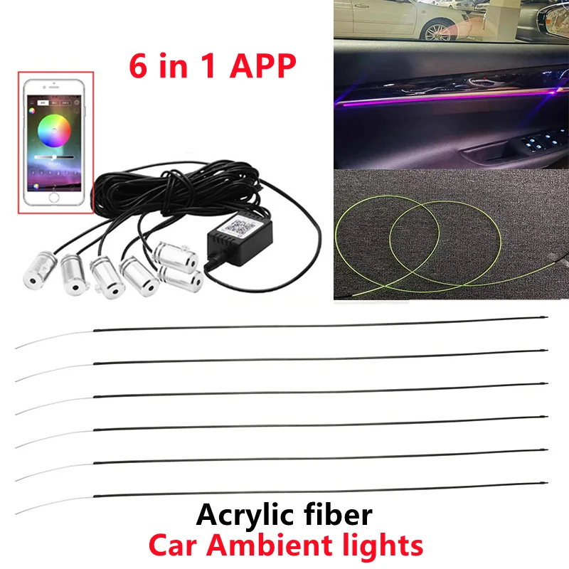 

6 in 1 RGB LED Atmosphere Car Light Interior Ambient Light Fiber Optic Strips Light by App Control DIY Music Acrylic Fiber Optic