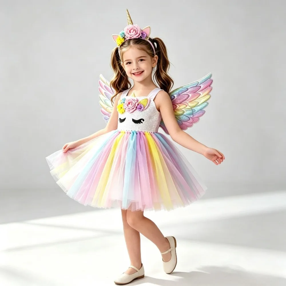 Girls Macaron Unicorn Tutu Dress Set with Flower Headband Wings Kids Birthday Halloween Christmas Fancy Party Costume
