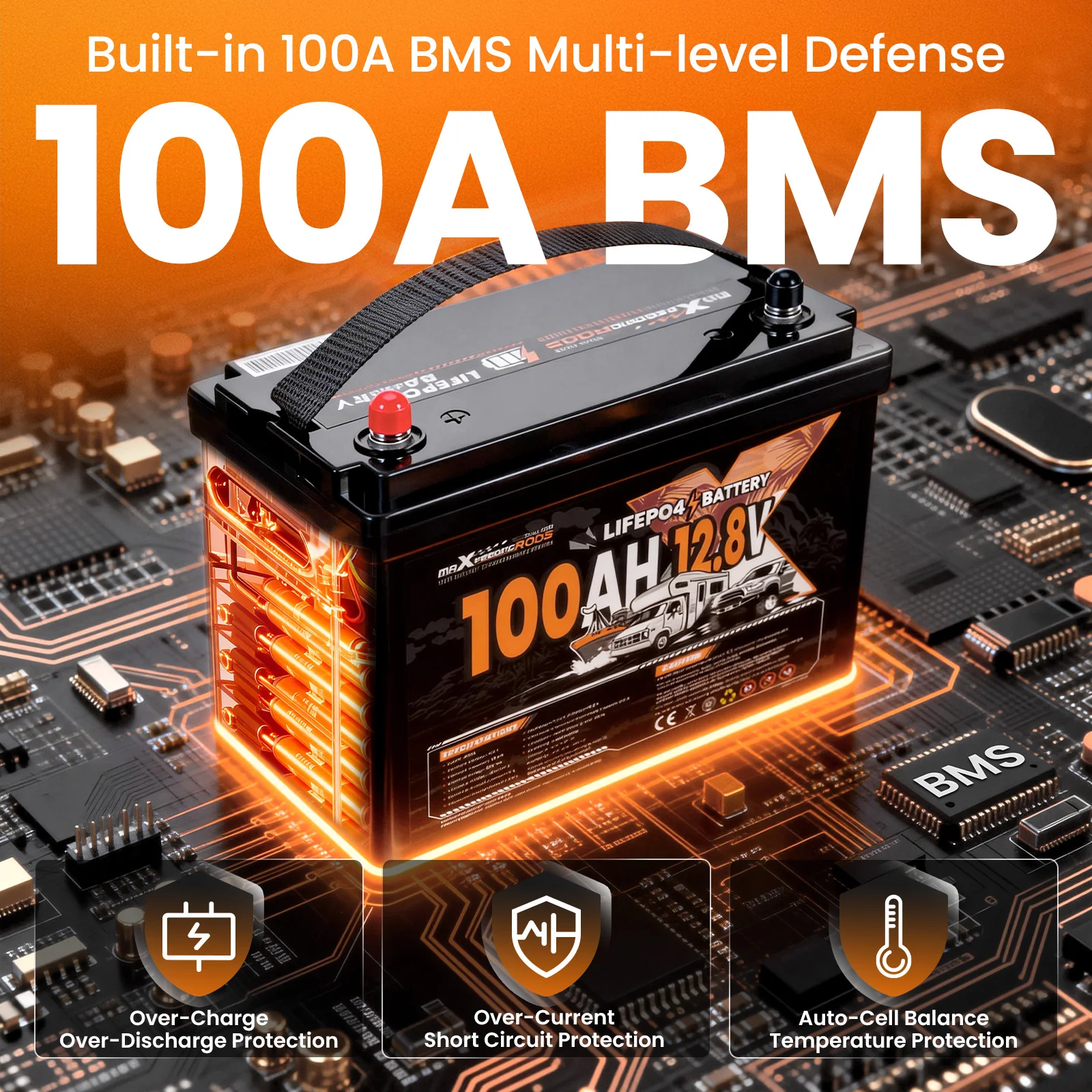 12V 100Ah Lithium Battery BMS for Boat RV Overland, Expandable 20.48kWh