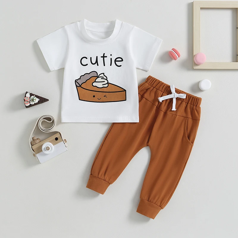 Infant 2-Piece Autumn Ensemble with Short-Sleeve Pie Patterned Tee and Trousers - Adorable Toddler Apparel Set