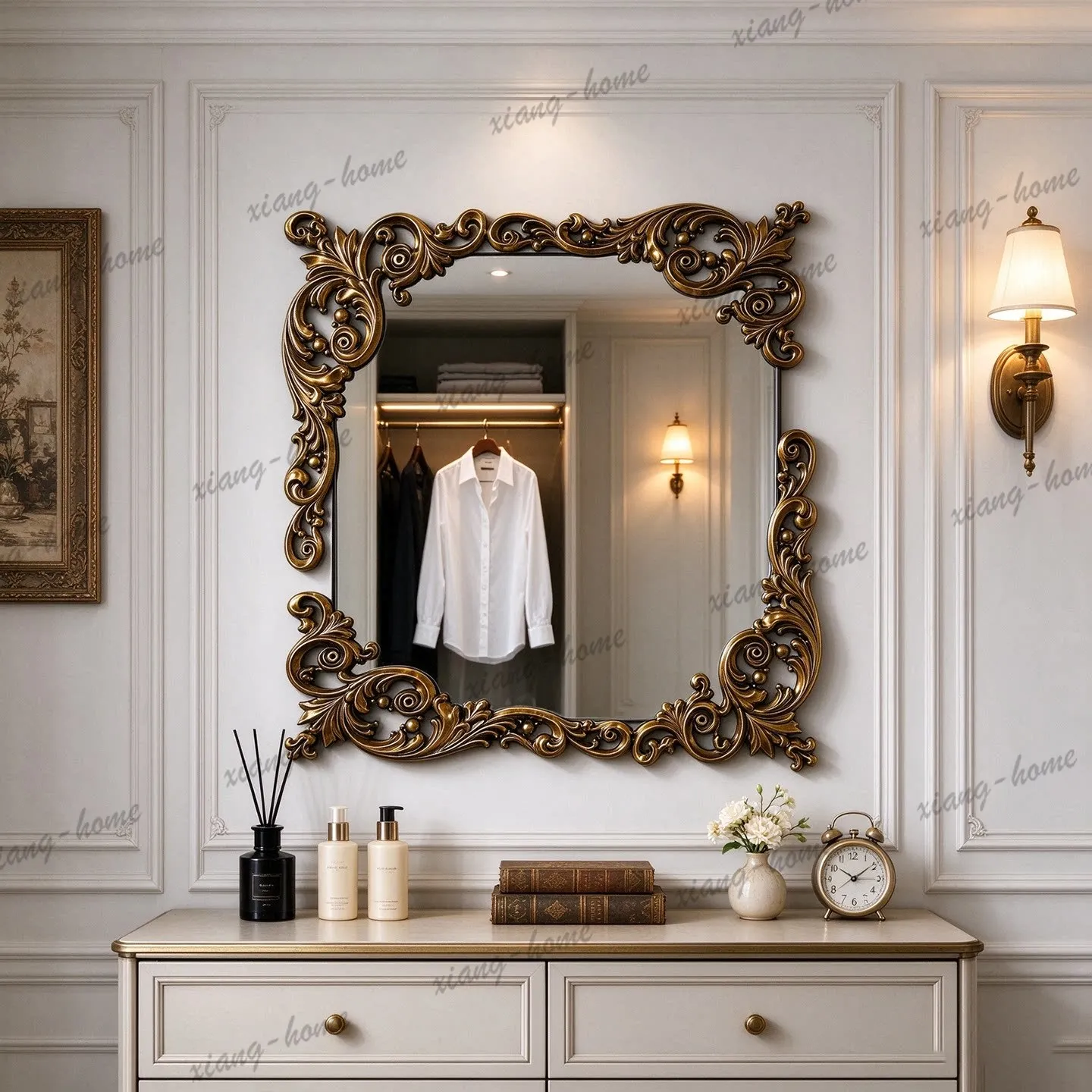 PG French retro carved wall-mounted makeup mirror American living room fireplace above classical wall-mounted makeup mirror