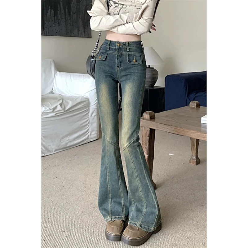 ZHIZOU Women American Retro Low Rise Flare Jeans Denim Pants Academia Long Trousers Japanese Goblin Core Y2k Cowboy High Street