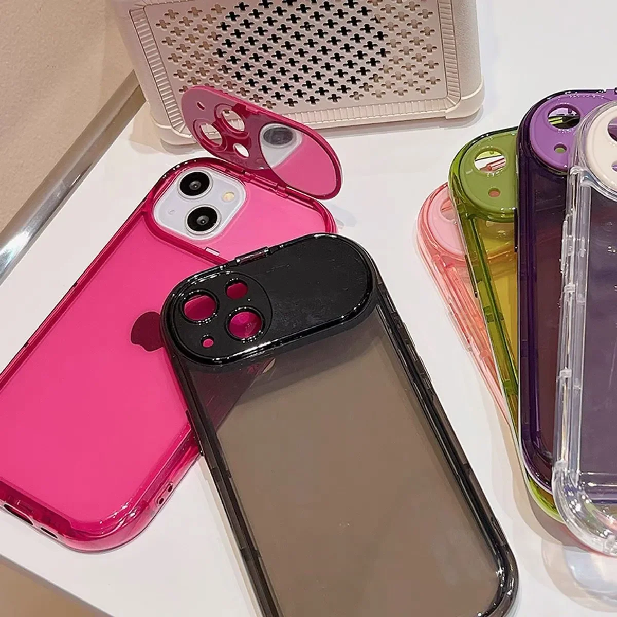 

Flip Lens Case with Mini Makeup Mirror For iPhone 17 16 15 14 Bubble Soft TPU Lightweight Cover Multiple Colors