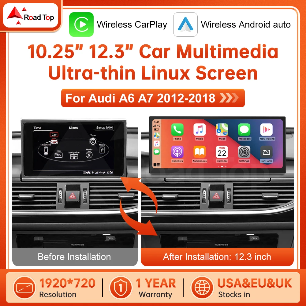 DE 12,3'' Ultradünnes Linux-Touchscreen-Auto-Multimedia-Display für Audi A6 A7 2012-2018 mit kabellosem CarPlay und Android Auto