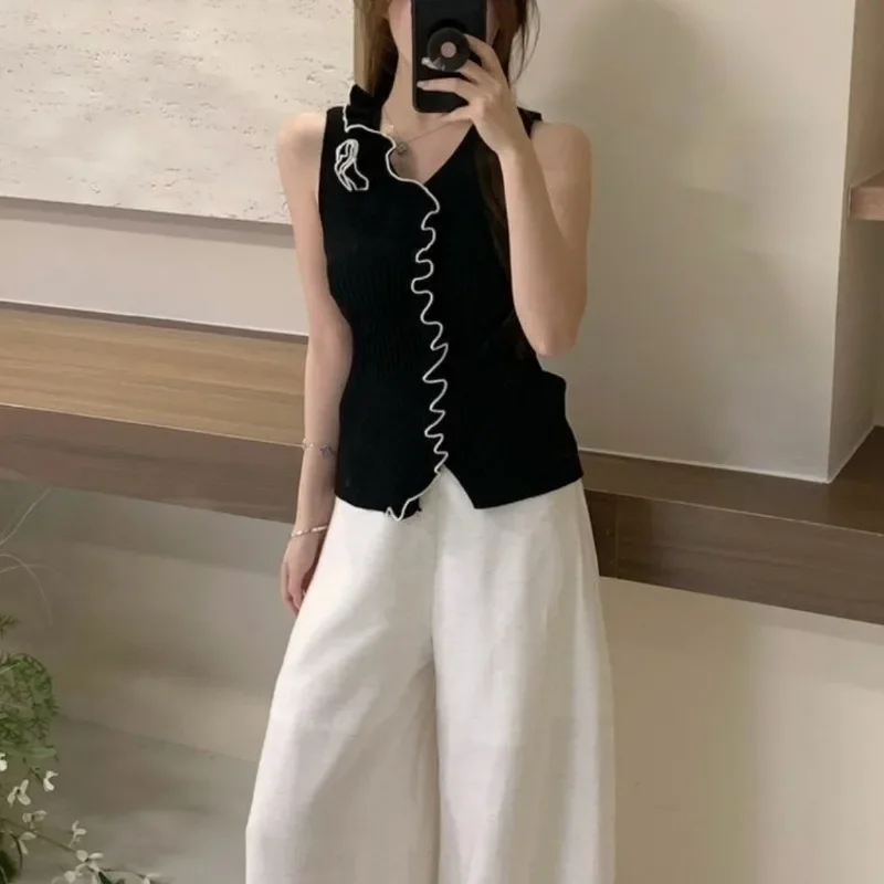 

Sweater Vests Women Knitted Ruffles Summer Korean Fashion Elegant Designed High Street All-match Y2k Tops Trendy Aesthetic Ins