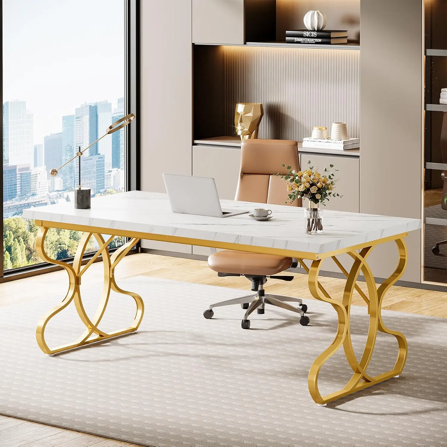 

63-Inch Modern Computer Desk, White Executive Desk with Gold Metal Legs, Large Sturdy Writing Table for Home Office