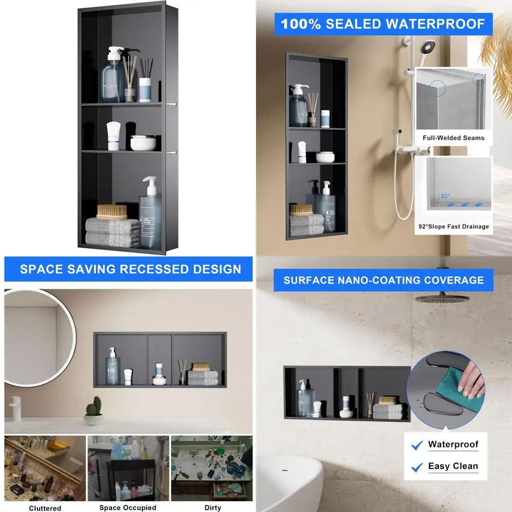 

MENATT Stainless Steel Shower Niche, 12x30 inches, 3-Tier Recessed Wall Shelf, No Tile Required for Bathroom Storage, Black