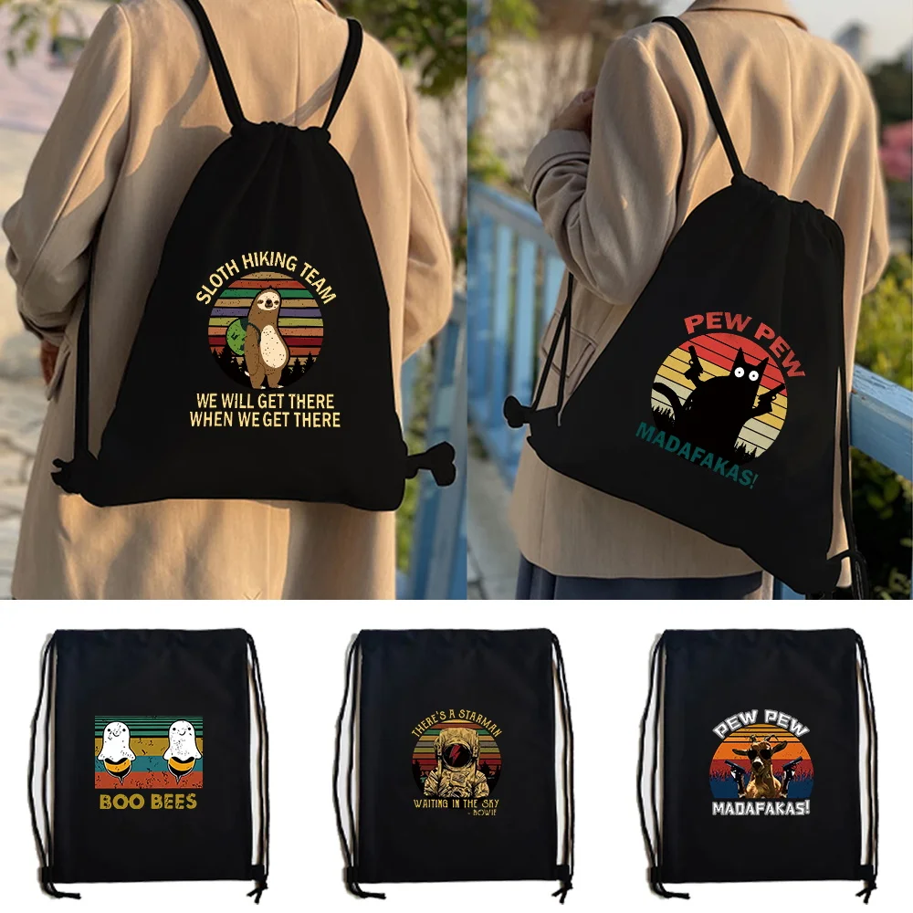 Drawstring Backpack Cartoon Pew Print Small Backpack Eco Reusable Travel Storage Bags Minimalist Swim Portable Backpacks Womens